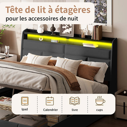 Rosahqnda gepolstertes Doppelbettsystem 140 x 200 cm, modernes Polsterbett, Kopfteil mit LED und USB-Ladestation, PU-Leder