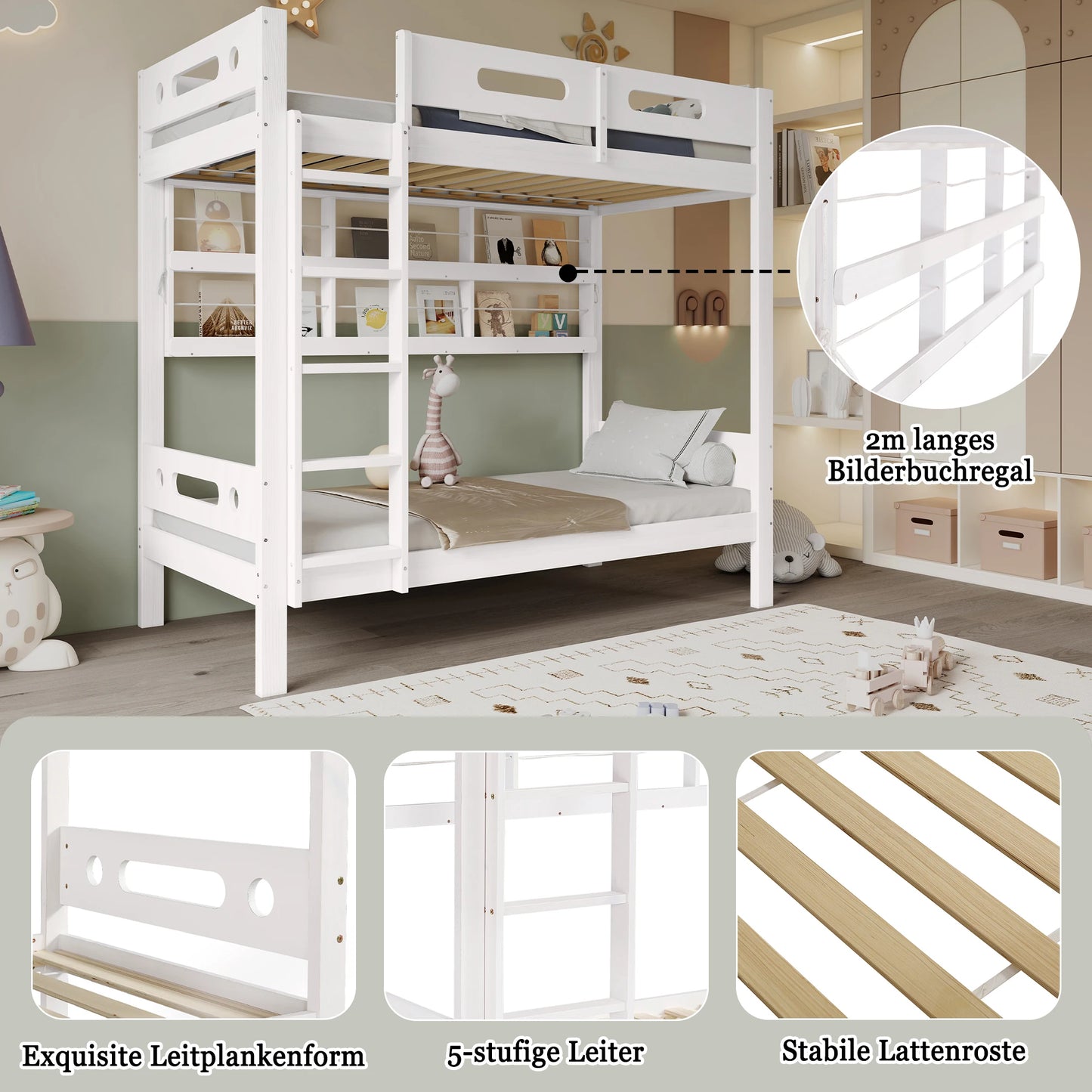 Etagenbett, Kinderbett mit Fallschutzgitter, Offenes Regal, Fünfstufige Leiter, Reichlich Stauraum, Kiefer+MDF, Weiß, 90x200cm
