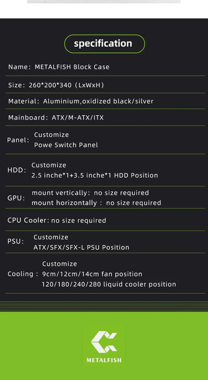 METALFISH BlockCase Aluminum Open Frame Case Support ATX/M-ATX Mainboard GPU Mount Horizontally 240 Water Cooler Gaming Cabinet