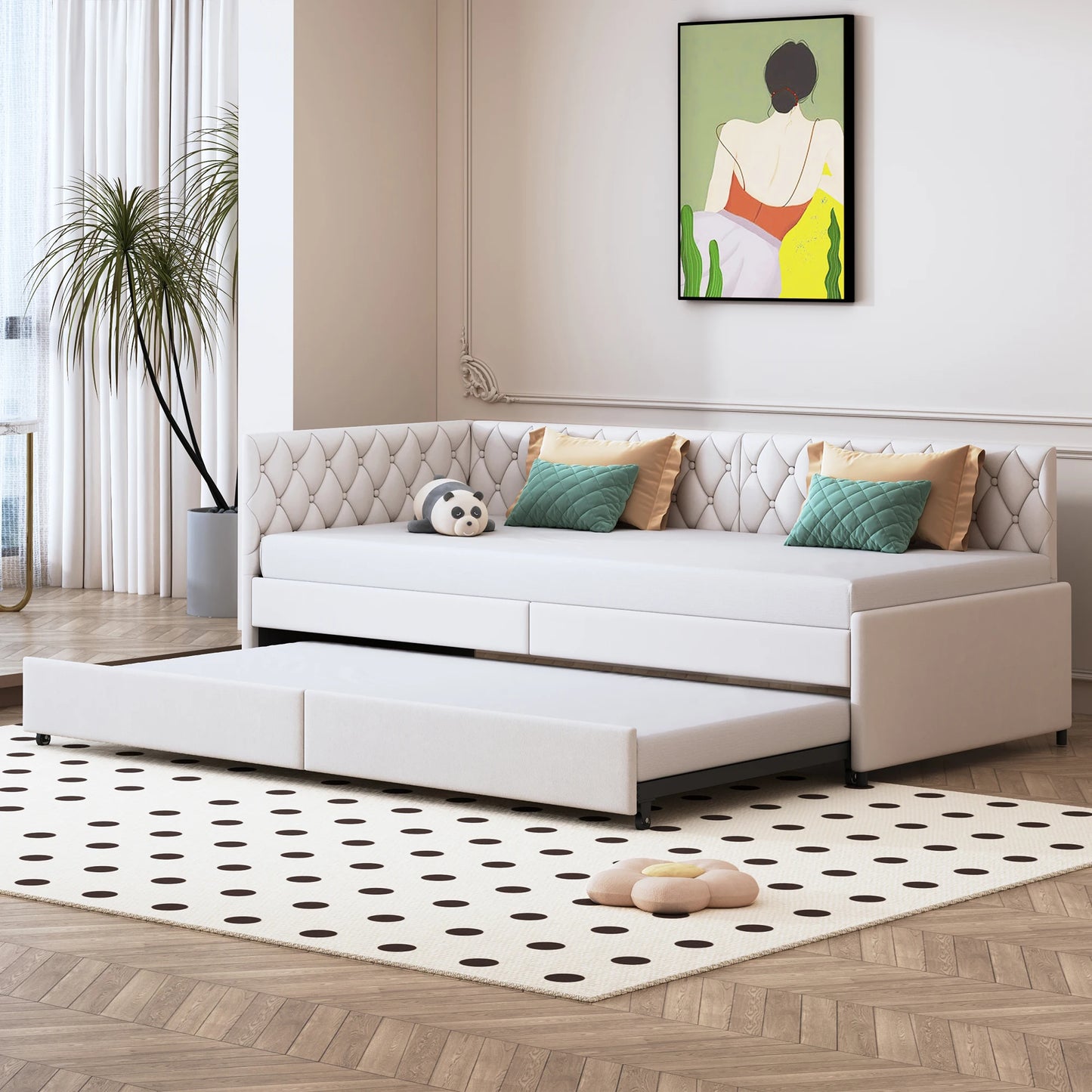 Rosahqnda gepolstertes Tagesbett 90 x 200 cm mit ausziehbarem Bett, Einzelbett, Schlafsofa, Tagesbettgestell mit Lattenrost