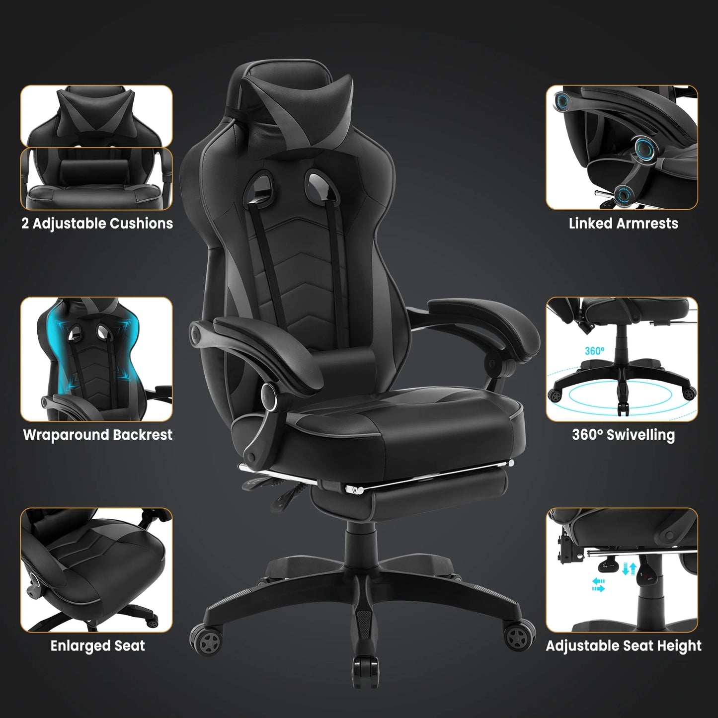 WOLTU Drehbarer Gaming-Rennstuhl, Schreibtisch, Büro, Computerstuhl, Sportsitz mit Kopfstütze, Lendenkissen, Fußstütze, Gamer-Stuhl