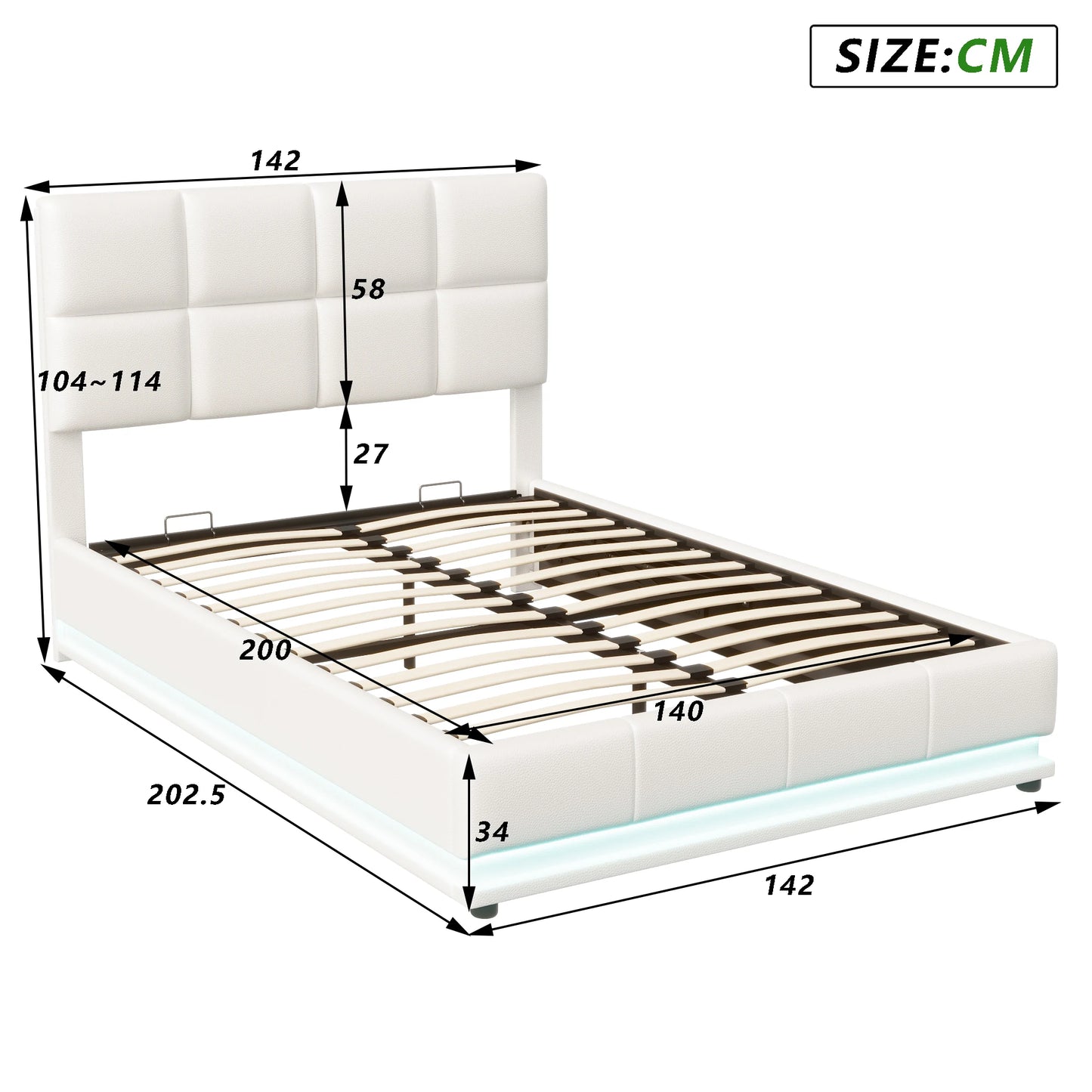 Rosahqnda Hydraulischer Doppelbettrahmen 140*190cm mit LED, Verstellbares Kopfteil, Stauraumbett 140*200cm, Polsterbett, PU