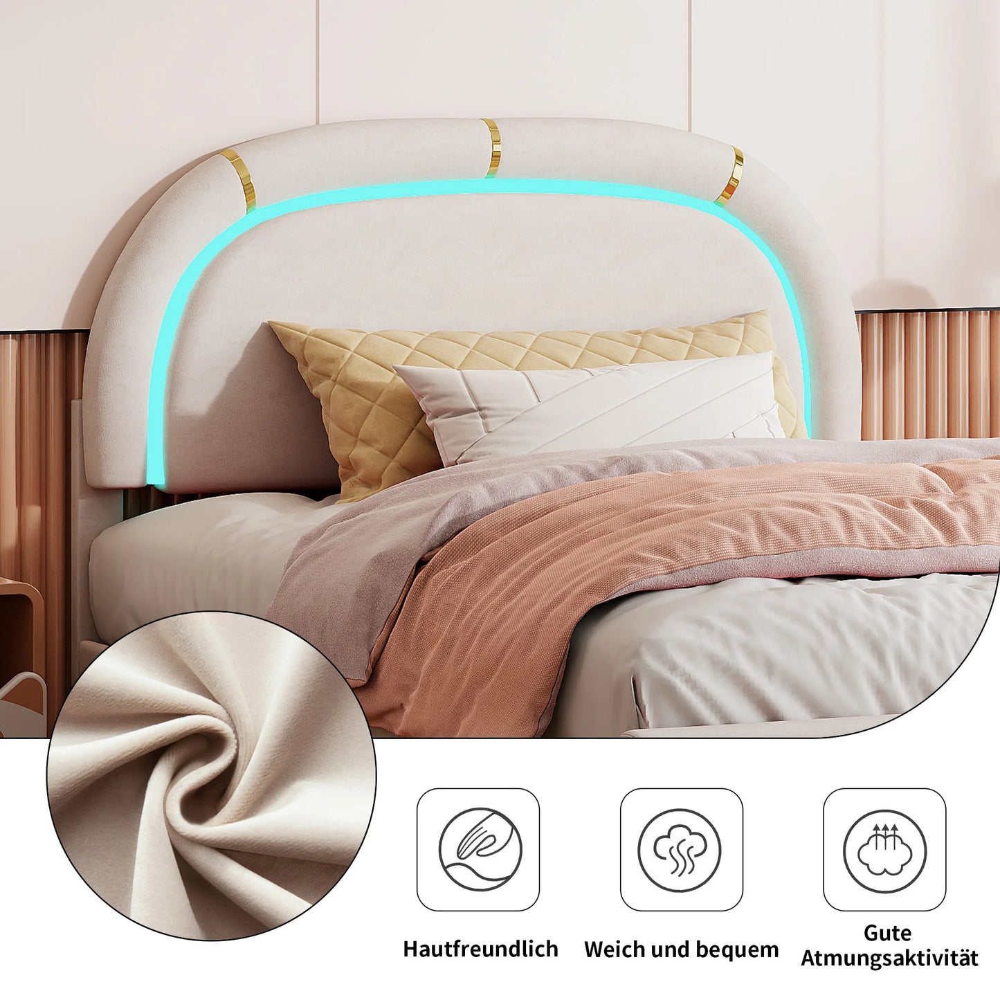 WoodenAura Doppelbett 140 × 200 cm gepolstertes mit 2 Schubladen und LED-Lichtst reifen, mit Rückenlehne Kopfteil und Lattenrost