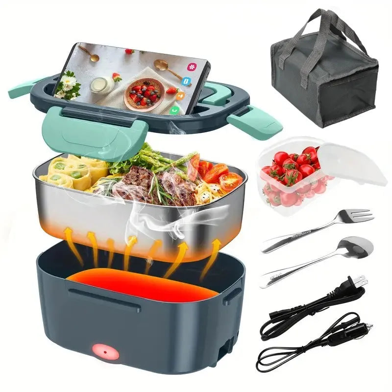 2-In-1 Electric Heating Lunch Box Car+Home 220V 1.5L 60W Portable Stainless Steel Liner Bento Lunchbox Food Container Bento Box.