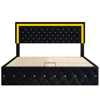 Rosahqnda gepolstertes Doppelbett 140 x 200 cm mit LED-Beleuchtung, hydraulischem Stauraumbett und Lattenrost, Funktionsbetten, Samt