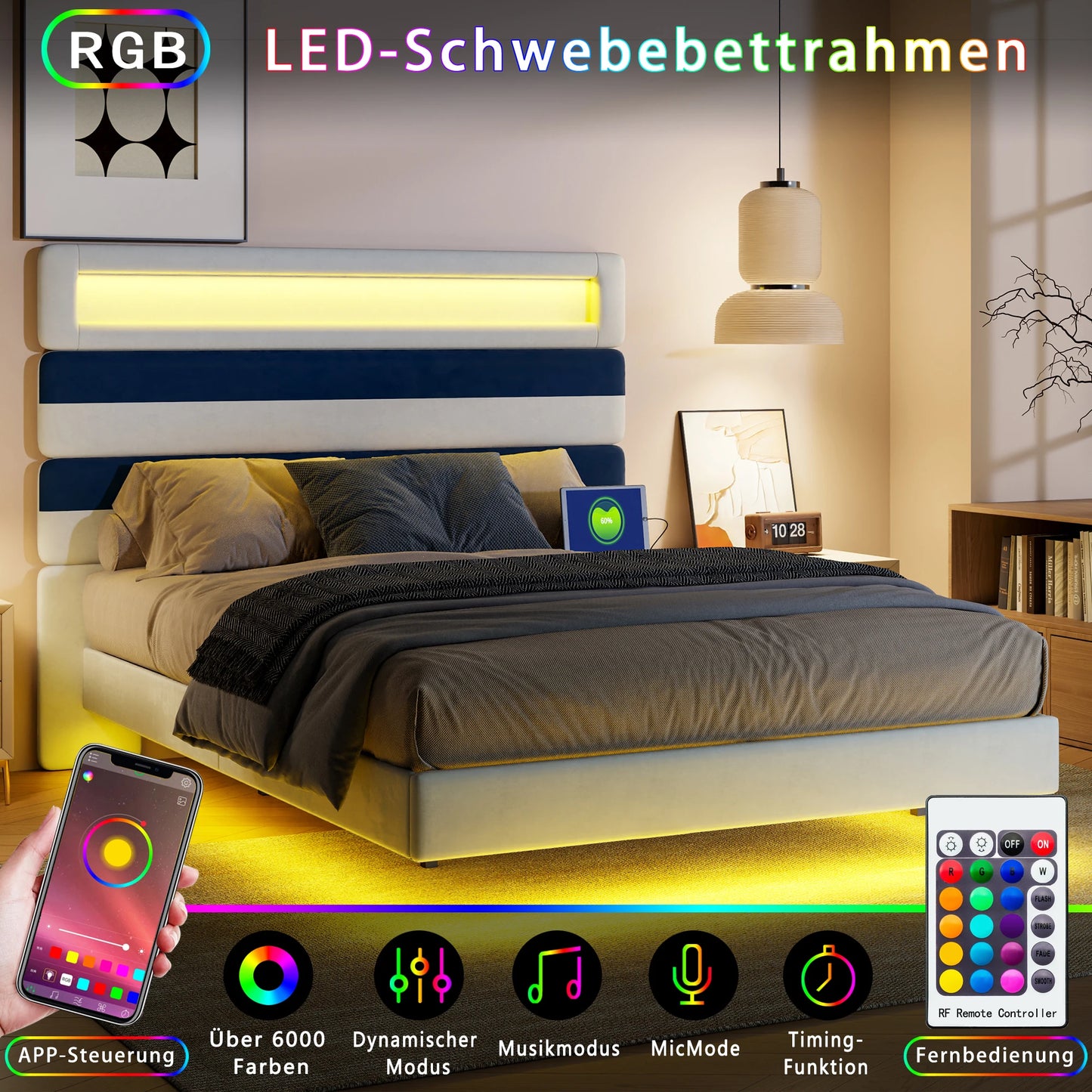 Anajqaqia 140 x 190 cm gepolstertes Bett, Doppelbett mit USB-Ladeanschluss, Kopfteil und Unterbett mit Lichtleiste, Samt