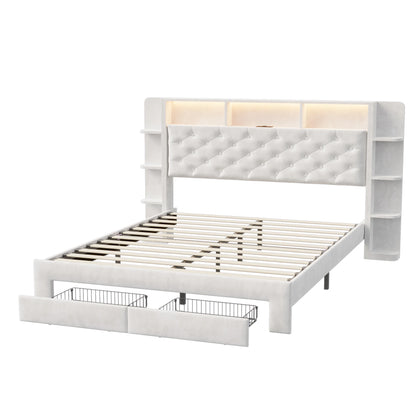 UrbanLuxe Polsterbett 140x200 cm mit LED-Streifen und USB-Ladeanschluss, Stauraumschubladen, Lattenrost, weißer Samt