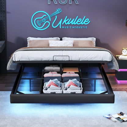 Rosahqnda Doppelbett 160 x 200 cm mit LED-Beleuchtung, Lattenrost aus Metall, schwebender Bettrahmen mit Licht, Schwarz (ohne Matratze)