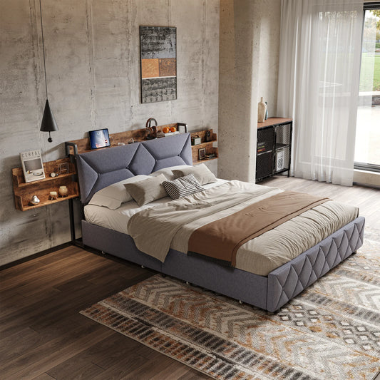 Bett 140 x 200 mit USB, Doppelbett mit 4 Schubladen, Kopfteil mit ausziehbarem Stauraum, Erwachsenenbett mit Lattenrost