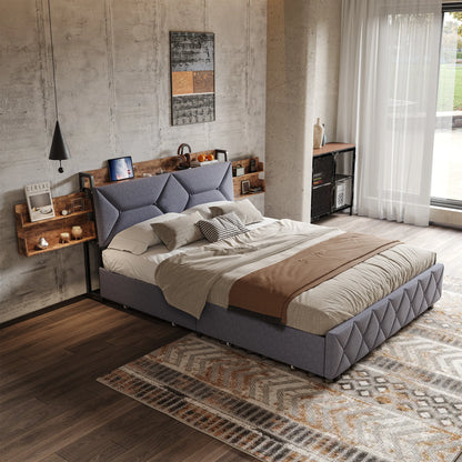 Bett 160 x 200 mit USB, Doppelbett mit 4 Schubladen, Kopfteil mit ausziehbarem Stauraum, Erwachsenenbett mit Lattenrost aus Holz