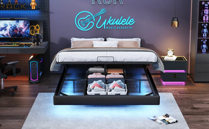 Polsterbett, 140 x 200 cm, mit Stauraum und Lattenrost, schwimmender Bettrahmen mit LED-Licht, Doppelbetten, hydraulische, PU