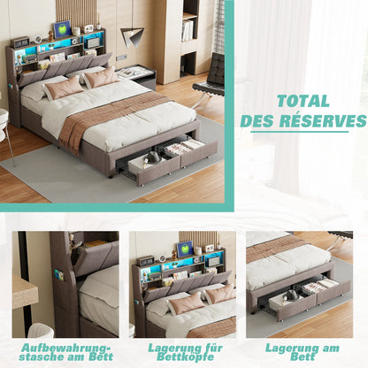 Anajqaqia 160 x 200 cm Polsterbett mit 2 Schubladen, Stauraum im Kopfteil und LED-Beleuchtung, Leinen, Grau