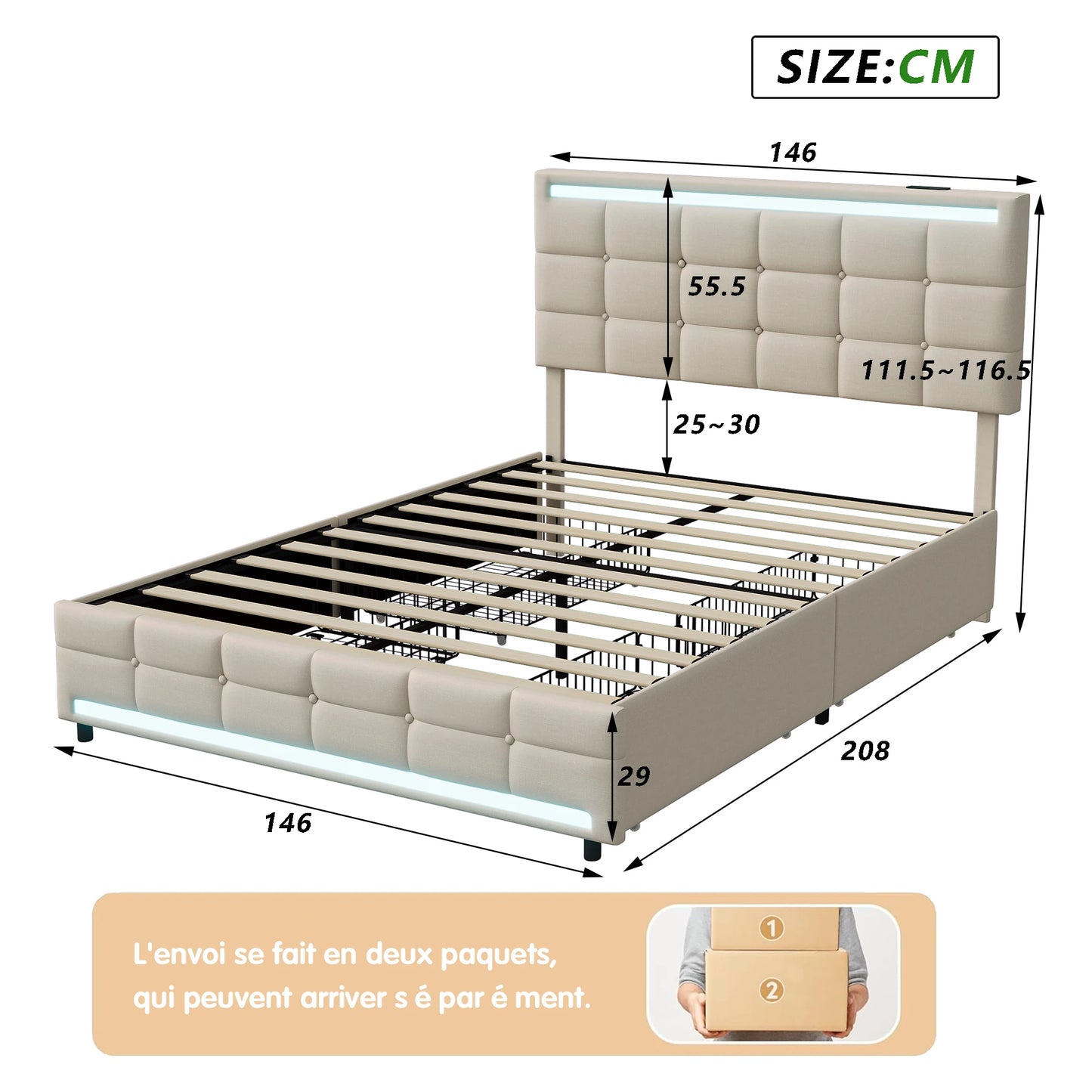 Rosahqnda Gepolstertes Doppelbett 140-160 x 200 cm mit 4 Schubladen und LED, Stauraumbett, Gästebett, Apartmentbett, Leinen