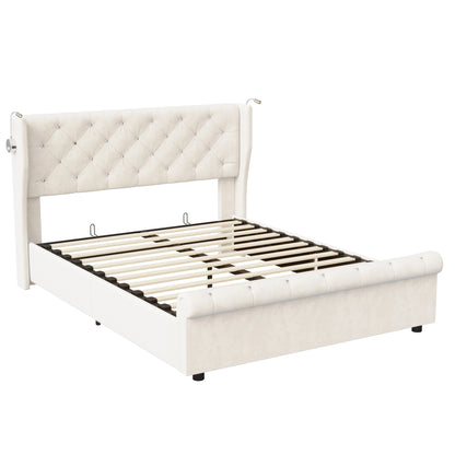 Doppelbett 140 x 190 cm mit LED-Beleuchtung und USB-Ladeanschluss, gepolsterte Doppelbettbetten mit Stauraum und Lattenrost, Samt, Beige