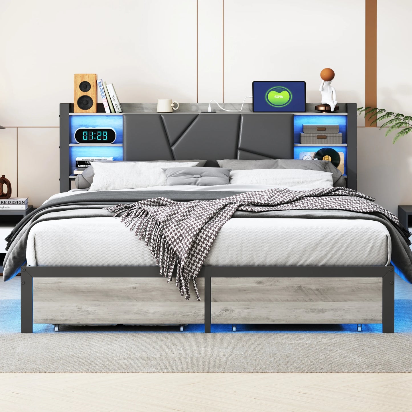 ROSAHQNDA Modernes Polsterbett mit Schubladen, LED-Doppelbettrahmen aus PU-Leder und Eisen mit USB-Ladeanschluss, ohne Matratze