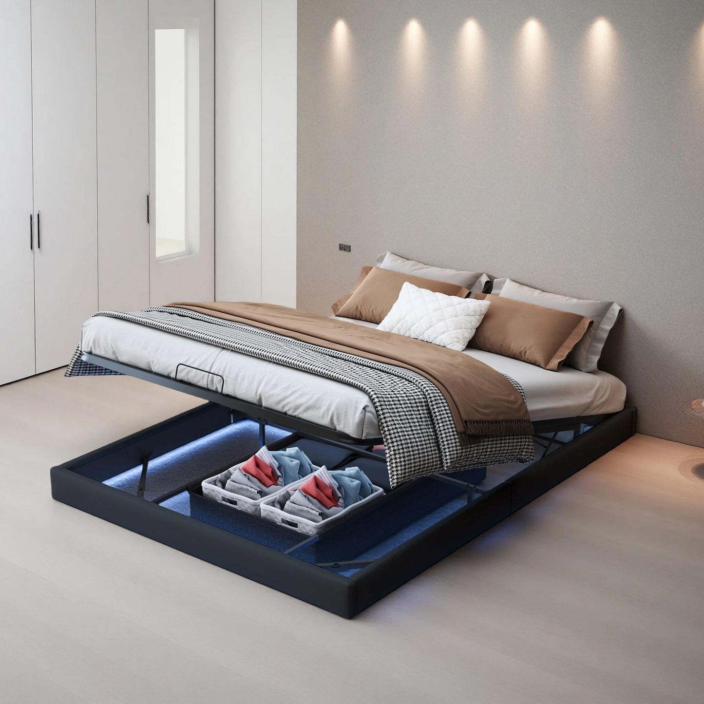 Polsterbett, 140 x 200 cm, mit Stauraum und Lattenrost, schwimmender Bettrahmen mit LED-Licht, Doppelbetten, hydraulische, PU
