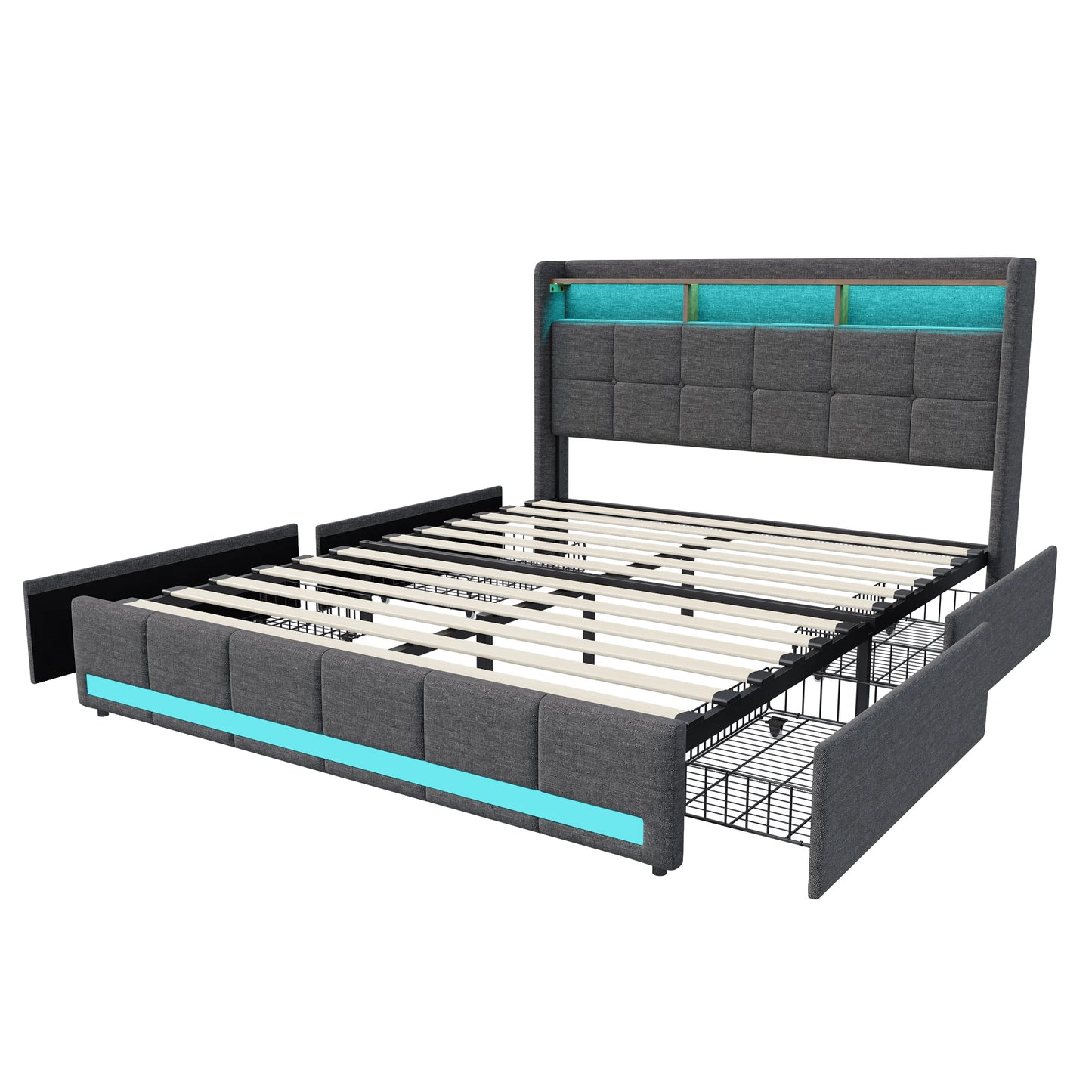 Double Bed,Upholstered Bed with LED and USB Charging Port,4 Drawers and Storage Backrest for Adults or Teen Bedrooms,Beige/Grey