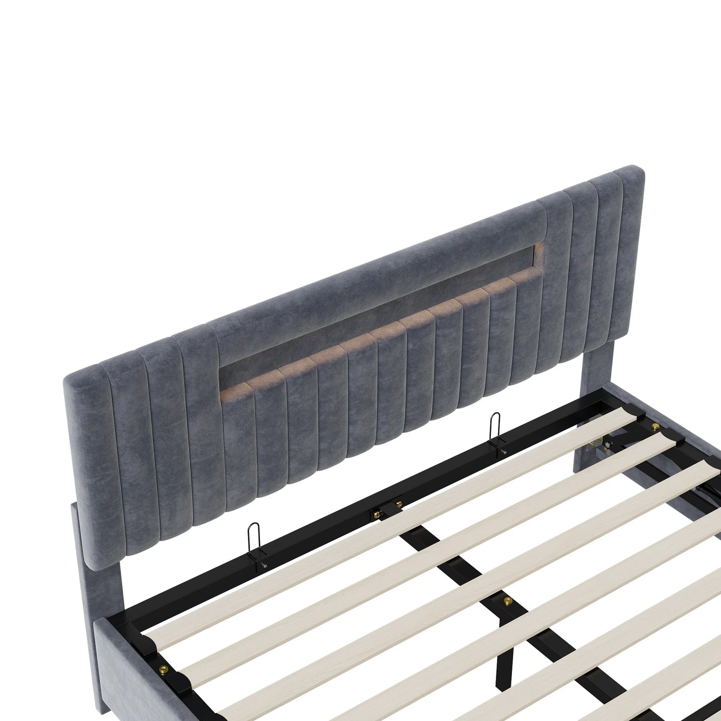 Rosahqnda 140x200 Bett mit Stauraum und Untergestell, gepolstertes Bett mit Stauraum, Doppelbett mit LED, Bettgestell aus Samt, mit Lattenrost, Grau