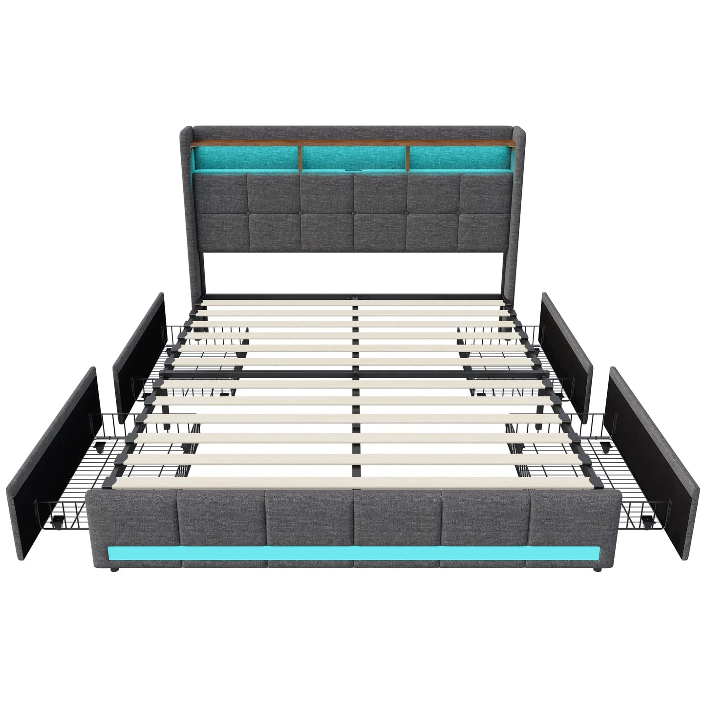 Bett mit Schubladen, 140/160 x 200 cm, Stauraumbett mit USB-Ladefunktion und LED-Kopfteil, Doppelbett mit Stauraum und 4 Schubladen. Jugendbett, funktionales Bett, Kopfteil, Lattenrost aus Holz, grau.