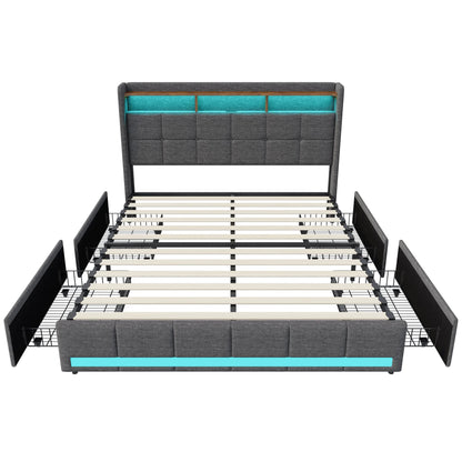 Bett mit Schubladen, 140/160 x 200 cm, Stauraumbett mit USB-Ladefunktion und LED-Kopfteil, Doppelbett mit Stauraum und 4 Schubladen. Jugendbett, funktionales Bett, Kopfteil, Lattenrost aus Holz, grau.