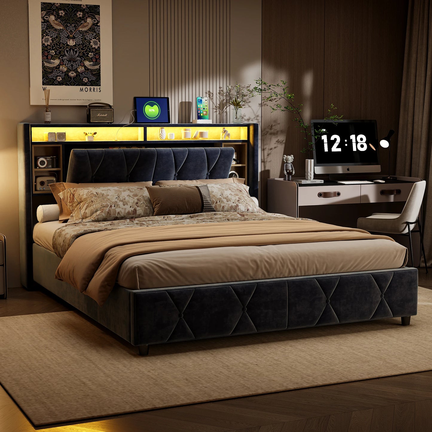 ROSAHQNDA Doppelbett mit Stauraum, LED-Bücherregal-Kopfteil mit USB, Polsterbett 140/160 x 200 cm, Samt, ohne Matratze