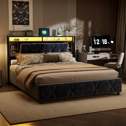 ROSAHQNDA Doppelbett mit Stauraum, LED-Bücherregal-Kopfteil mit USB, Polsterbett 140/160 x 200 cm, Samt, ohne Matratze