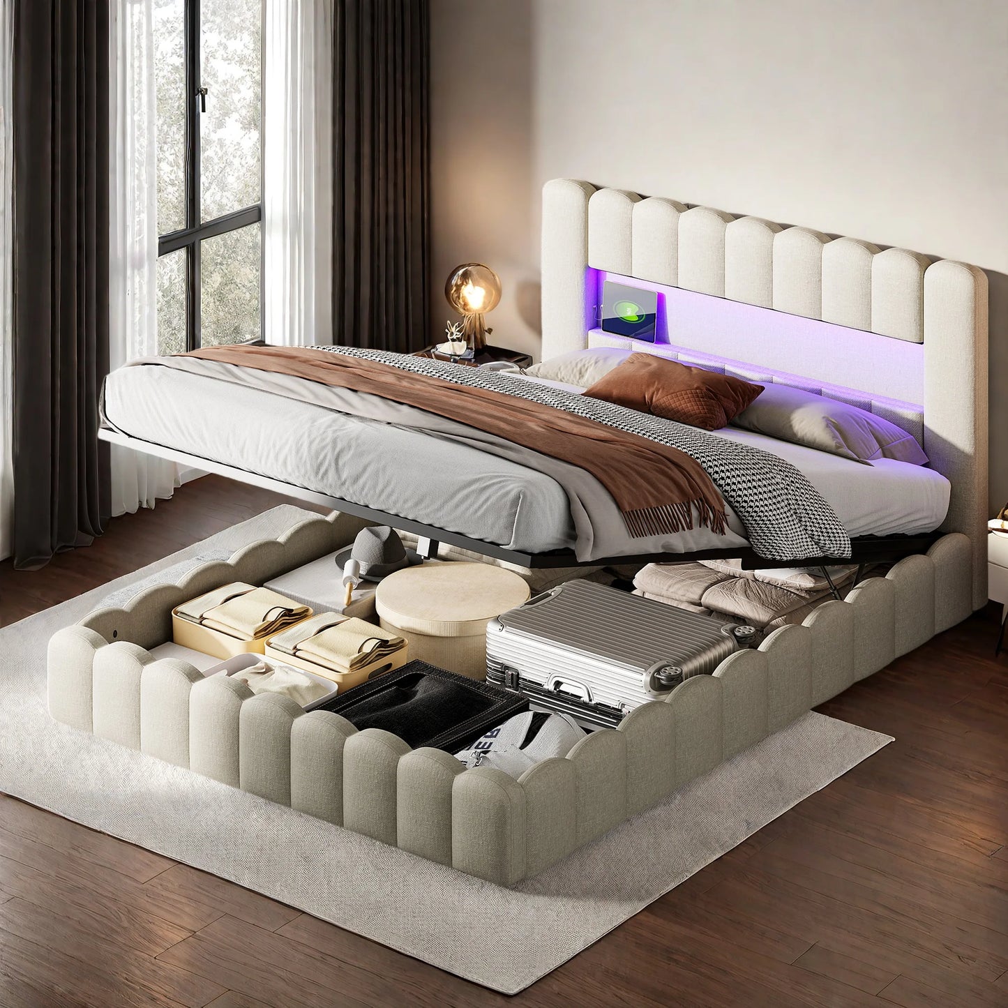 Rosahqnda Upholstered Bed 140x200cm,Storage Bed with LED and USB Charging,for Adults,Teen Bedrooms,Gray, Beige,Linen