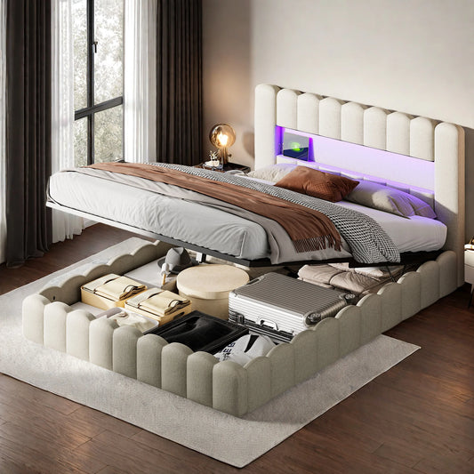 Rosahqnda Upholstered Bed 140x200cm,Storage Bed with LED and USB Charging,for Adults,Teen Bedrooms,Gray, Beige,Linen