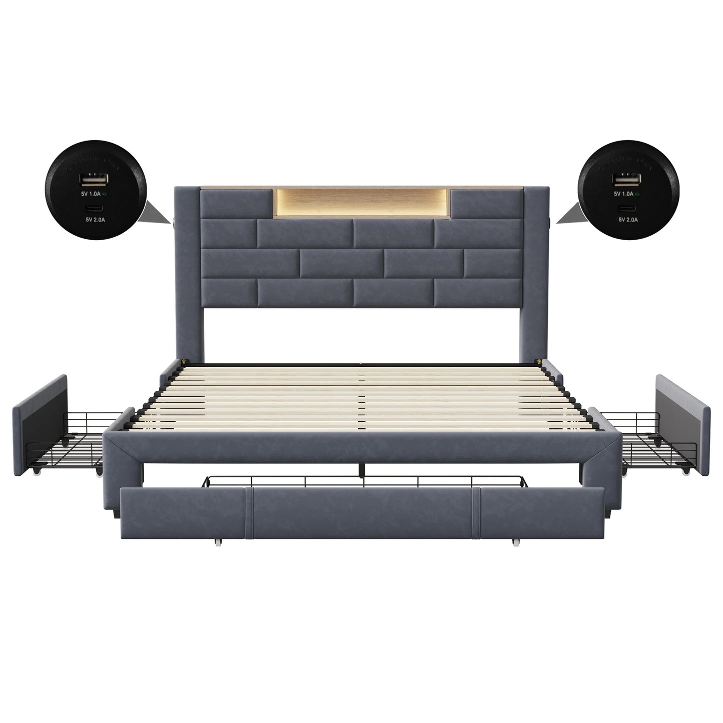 Upholstered Bed 160x200cm with LED and USB Charging Socket,Drawer Storage Bed,Bedside Storage,Adult Livingroom,Gray,Velvet