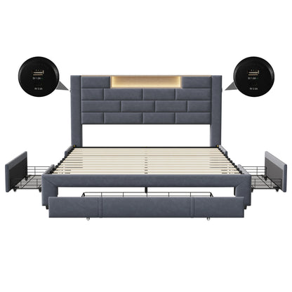 Upholstered Bed 160x200cm with LED and USB Charging Socket,Drawer Storage Bed,Bedside Storage,Adult Livingroom,Gray,Velvet