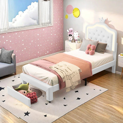 90x200cm Polster bett, Einzel bett mit Lattenrost und Rückenlehne, mit LED und großem Stauraum, PU, White, ohne Matratze