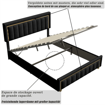 Rosahqnda Upholstered Bed 160x200cm,Hydraulic Storage Function,Light Luxury Style Double Bed,Suitable for Bedroom,Adults,Black