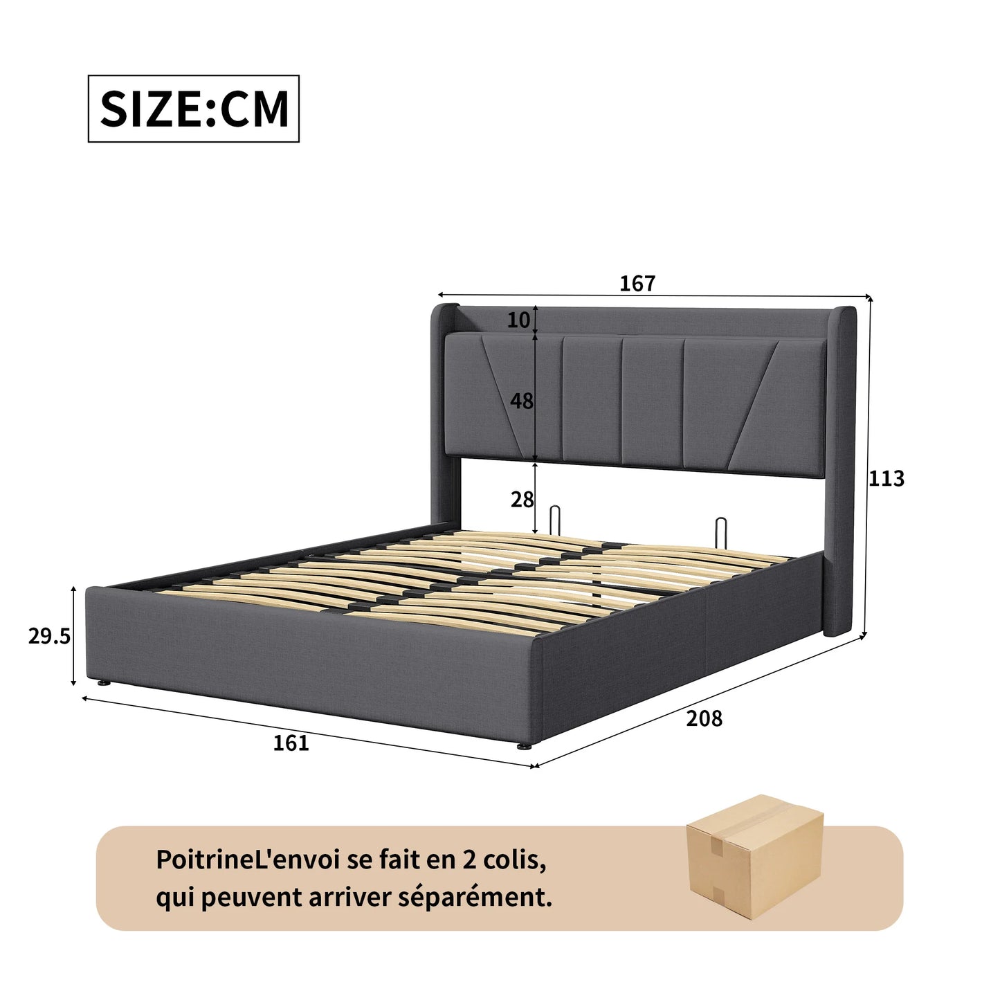 WoodenAura Bett mit Kofferraum 160x200cm, gepolstertes hydraulisches Bett mit Betttruhe mit Stauraum mit Kopfteil und Lattenrost