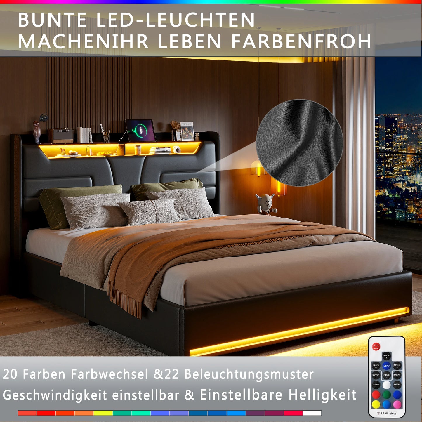 Gepolstertes Doppelbett 160 x 200 cm, hydraulisches Bett mit Stauraum und LED-Licht, Bett mit Kopfteil und Lattenrost, Bettrahme
