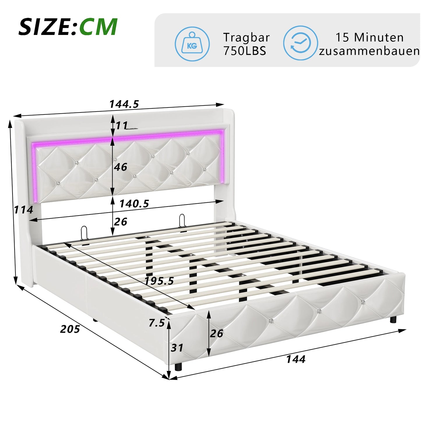 Rosahqnda Doppel-Jugendbettgestell 140–160 x 200 cm mit hydraulischem LED- und USB-Aufbewahrungsbett, Einzelbett, Gäste-/Master-Schlafzimmer, PU, weiß/schwarz
