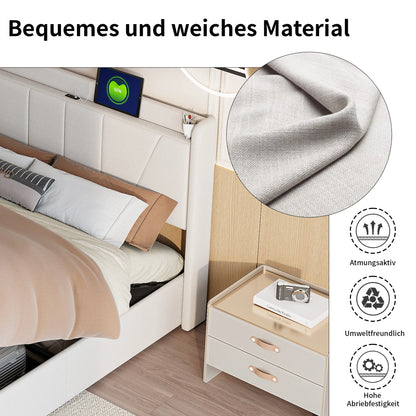 Comanlai 140 x 200 cm Polsterbett, hydraulisches Bett mit Stauraum, mit USB und Typ C, Jugendbett, ohne Matratze, Leinenstoff, Beige