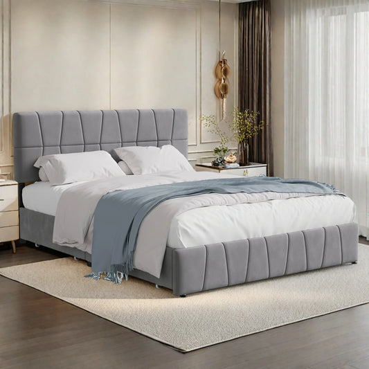 Rosahqnda Upholstered Bed 140x200cm,4 Storage Drawers,Modern Double Bed,Suitable for Adults,Teenagers,Gray,Velvet