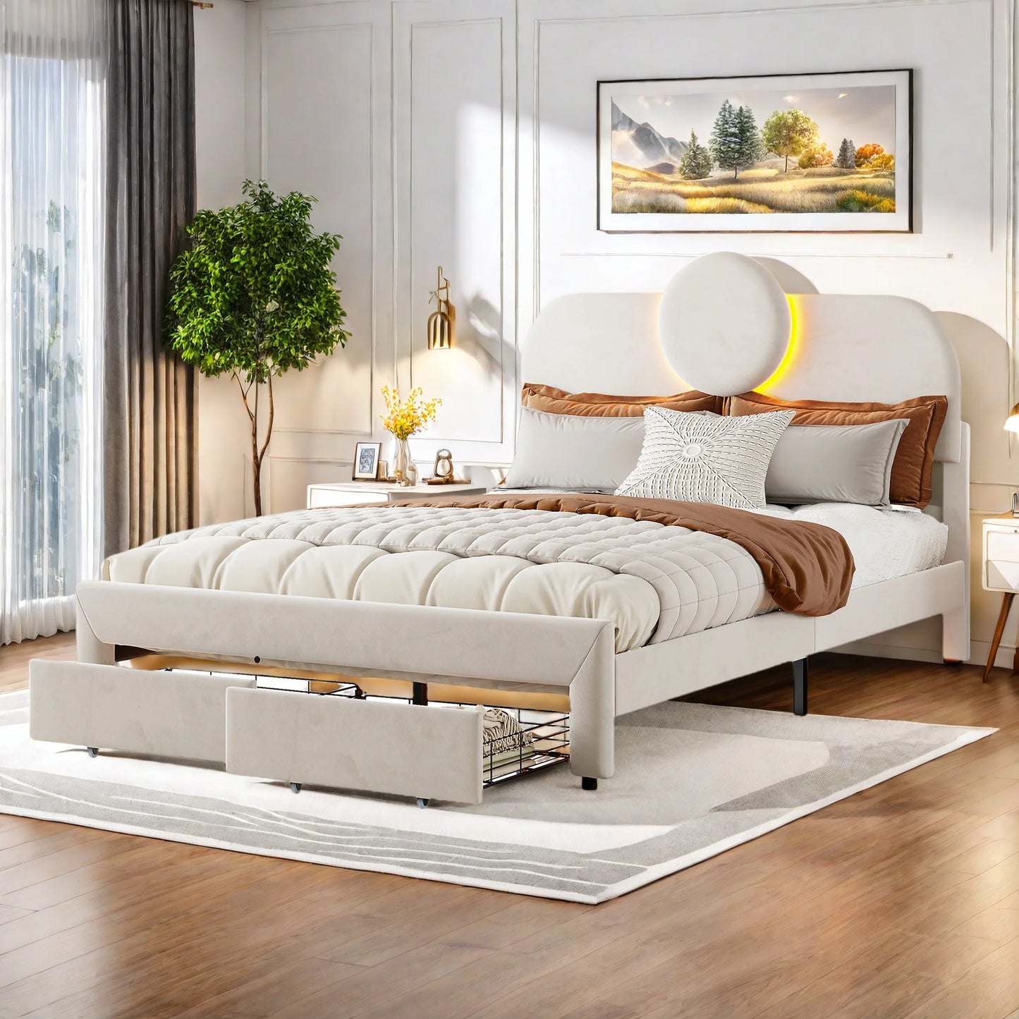 Rosahqnda Doppelbettgestell 140 x 200 cm mit LED und 2 Schubladen, gepolstertes Einzelbett, Stauraumbett, Teenagerbett, Gästebett, Samtbeige