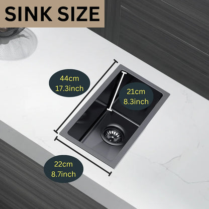 22 x 44 cm große Graphit-Edelstahl-Küchenspüle – kein Wasserhahnloch, PVD-beschichtet, oben/unter/unten/untersetzbar, mit Überlauf- und Abflussset