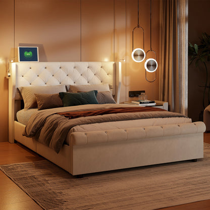 Doppelbett 140 x 190 cm mit LED-Beleuchtung und USB-Ladeanschluss, gepolsterte Doppelbettbetten mit Stauraum und Lattenrost, Samt, Beige