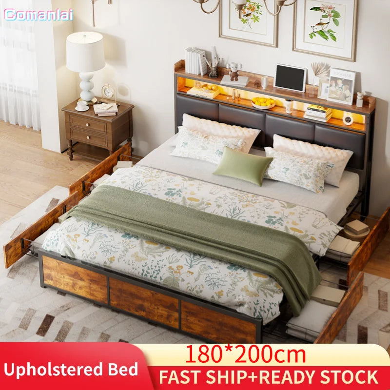 Comanlai Polsterbett, 180 x 200 cm, Eisenrahmen, Doppelbett mit LED-Leuchten und 4 Schubladen, gepolstertes Bett mit Lattenrost