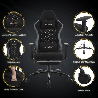 WOLTU Drehbarer Massage-Computer-Gaming-Stuhl, ergonomischer Racing-Gamer-Bürostuhl mit Rollen, Kopfstütze, Fußstütze, Lendenkissen