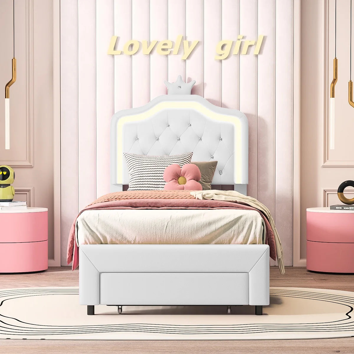 Kinderbett Polsterbett 90x200cm, Bett für Mädchen mit Schublade,Kronenförmiges Prinzessinnenbett mit LED-Lichtleisten,Weiß,PU