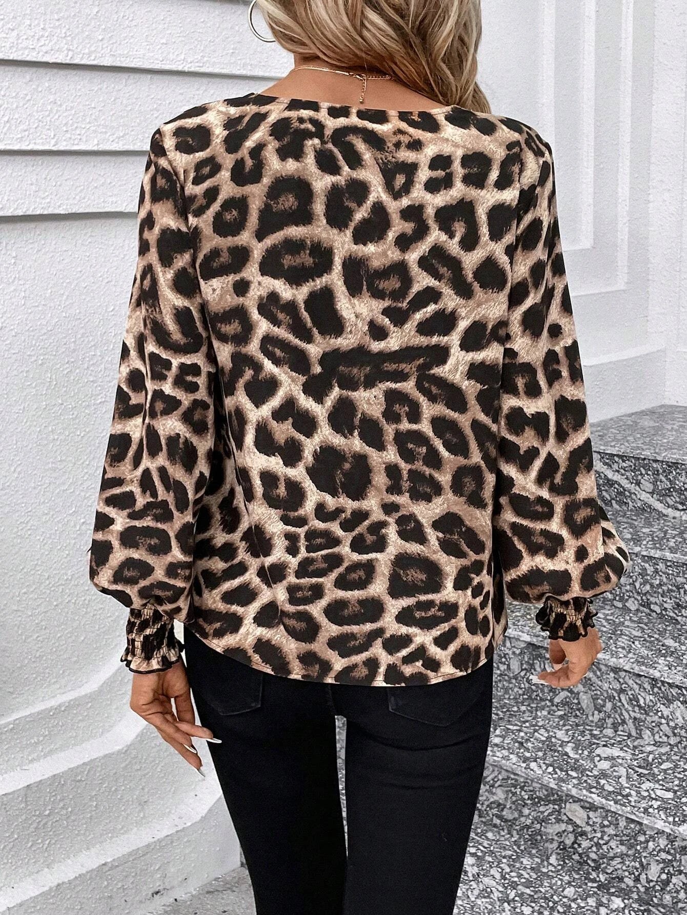 Mia Muse Women's Blouses Autumn Winter Simple Fitting Slim Leopard Long Sleeve V-Neck High Street Blouses.