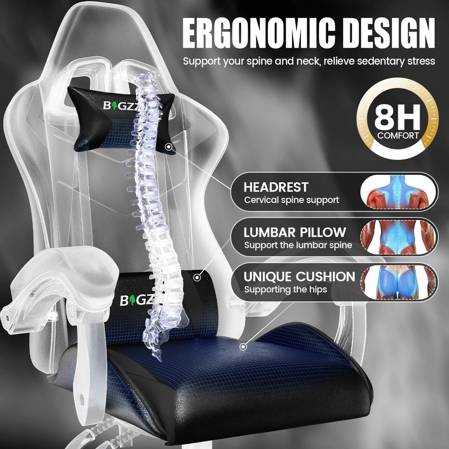 bigzzia Ergonomic Gaming Chair PC Chair Computer Chair Gaming Chair Breathable Office Chair with Cushion, Reclining Back Support