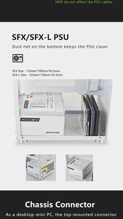 METALFISH T40 Mini ITX Case 7L Gaming Computer White Chassis Compact Transpare PC Support SFX PSU/70mm Cooler With Handle.