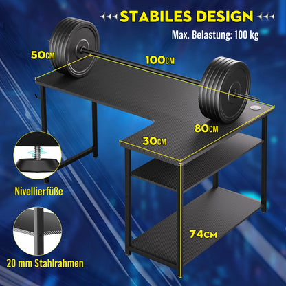 COMHOMA Schreibtisch Gaming Tisch mit Regal, Eckschreibtisch 100cm Computertisch L Form, PC Tisch für Büro, Heimbüro