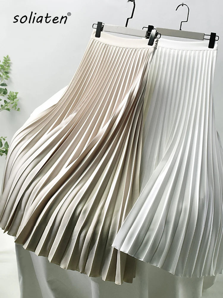 Brand Designer Women Spring Autumn Elegant Chic Solid Pleated Skirt High Waist Luxury Fashion With Elastic Female C-035.