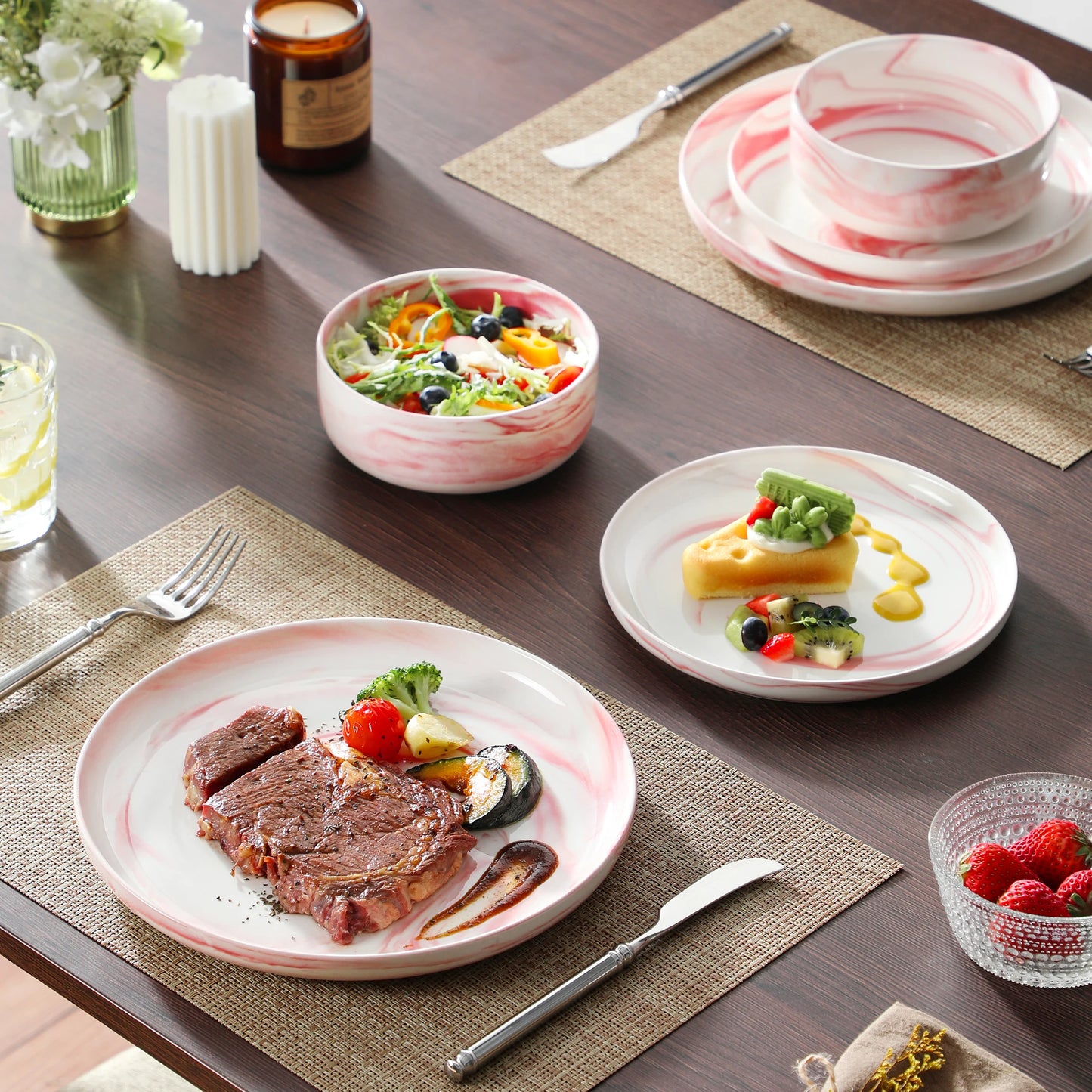 MALACASA 18/36-Piece Ceramic Plate Porcelain Dinnerware Set with 6/12 Pcs Dinner/Dessert Plates,Bowl Tableware Set for 6/12.