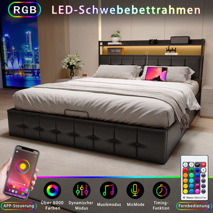Polsterbett 140x190 cm, mit LED-Beleuchtung und USB, mit Rückenlehnenrahmen, hydraulisches Speicherbett, Funktionsbett, PU